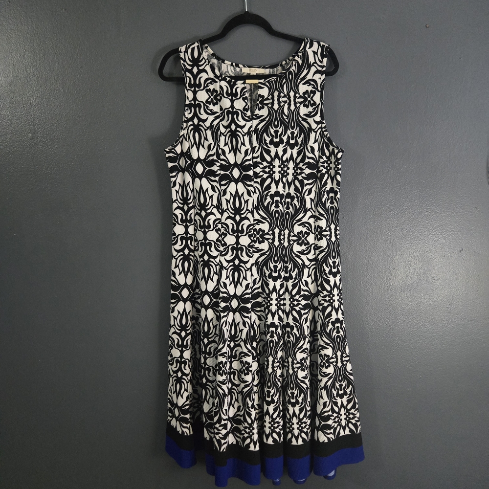 Haani Damask Print Sleeveless Fit and Flare Dress with Bold Blue Detail 2X